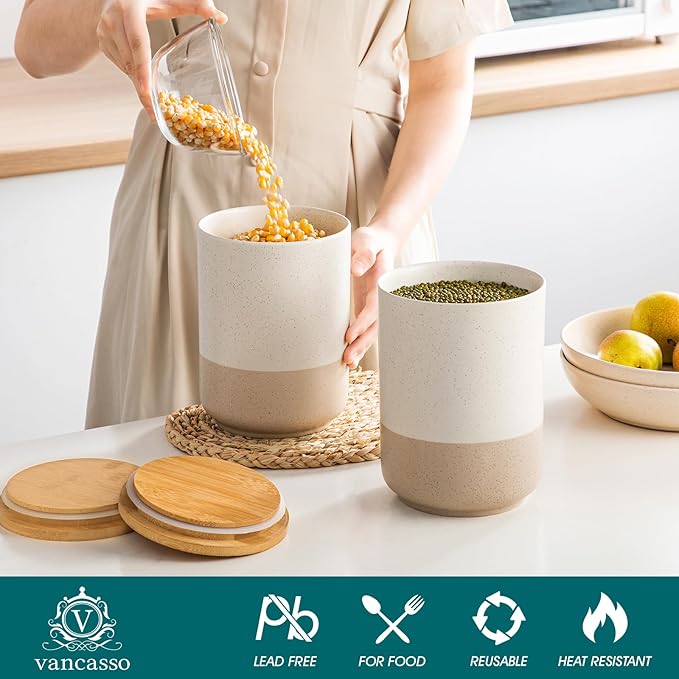vancasso Sabine Large Ceramic Canister Set with Airtight Wood Lids - 2-Piece Kitchen Food Storage Jars for Flour, Sugar, Coffee & Tea (74 oz Each) - Big Capacity Countertop Jars
