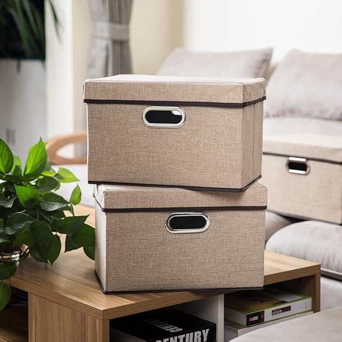 PRANDOM Collapsible Storage Containers with Lids [5-Pack] Jute Fabric Foldable Storage Bins Boxes Organizer Baskets Cube with Cover for Home Bedroom Closet Office Nursery (14.9x9.8x9.8)