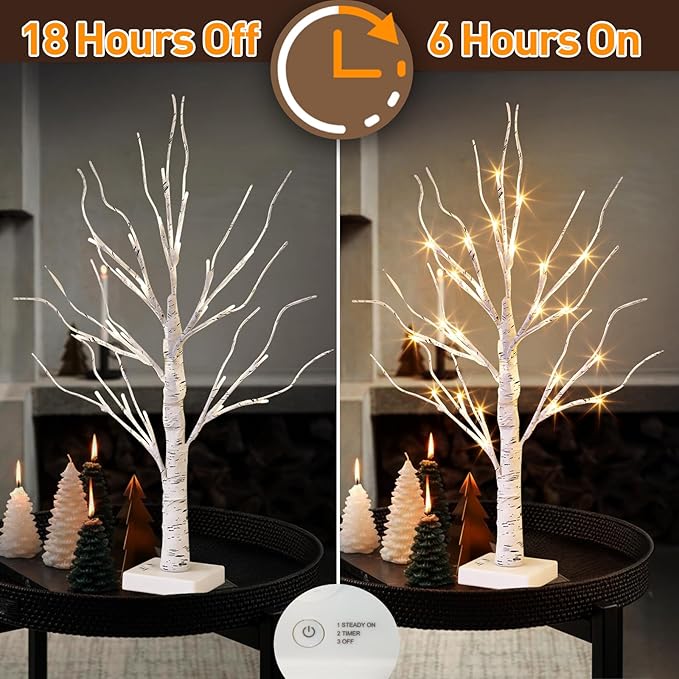 EAMBRITE Lighted Birch Tree Spring Decorations for Home, White Birch Tree with Lights, 24 LED Lighted Mini Money Tree Twig Tree Battery Operated with Timer, Christmas Indoor Centerpiece Decor (2FT)