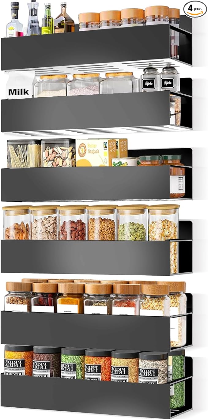 Magnetic Spice Rack Organizer for Fridge Seasoning Organizer for Kitchen storage with Screw or Adhesive Hanging,Magnetic Shelf with Hook for Refrigerator and Oven (6pack)