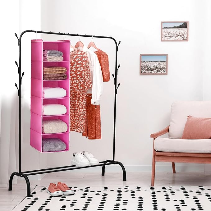 MAX Houser 6-Shelf Hanging Closet Organizer, Hanging Storage Shelves with 2 Sturdy Hooks Space-Saving for Bedroom, Foldable (Pink)