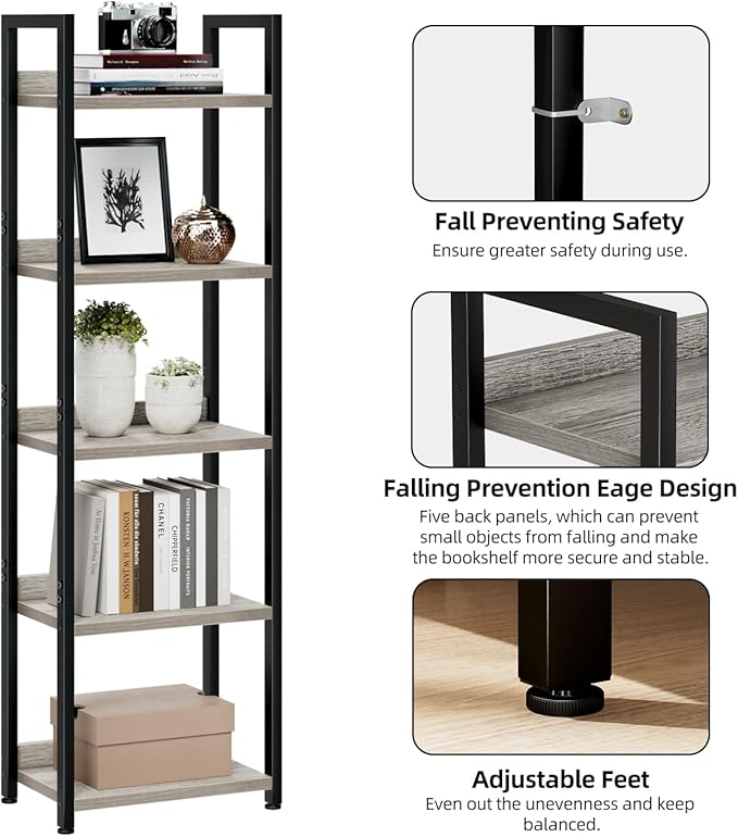 NUMENN Narrow Bookshelf, 5 Tier Bookshelves, Home Office Bookcase Shelf Storage Organizer, Free Standing Storage Shelving Unit for Bedroom, Living Room and Home Office, Grey