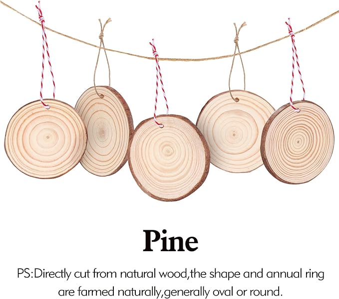 30 Pcs Wood Slices For Crafts, 1.7"-2.3” Pre-Drilled Holes Wood Rounds, 66 Feet Twine String, Wooden Circles For Crafts Burning Painting Diy Crafts Christmas Wedding Party Wedding Decor Party