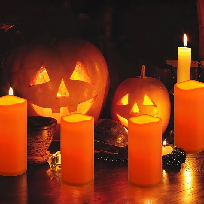 NURADA 8" x 4" Large Outdoor Flameless Candles - Waterproof LED Pillar Flickering Candle Battery Operated with Timer Remote for Patio Porch Lanterns Halloween Thanksgiving Fall Decor - 2 Pack Orange