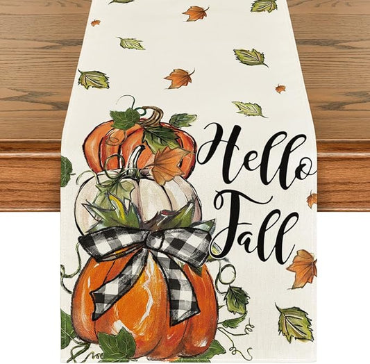 Artoid Mode Pumpkins Bowknot Maple Leaf 210 GSM Fall Table Runner, Seasonal Autumn Kitchen Dining Table Decoration for Home Party Decor 13x120 Inch