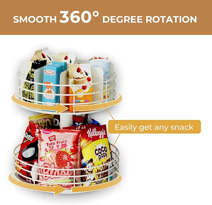 Snack Organizer - Versatile Snack Storage 2 Tier Lazy Susan with Convenient Grab-and-Go Design, Metal Snack Holder for Home, Office, Breakroom, 12.13" L x 12.13" W x 12.56" H (Matte White)
