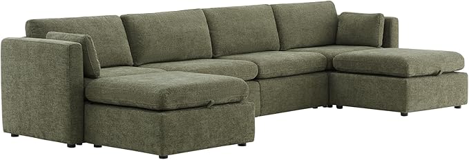 CHITA Oversized Modular Sectional Sofa, FSC Certified U Shaped Couch with Reversible Chaise Modular Sectional Couch,146 inch Width, 6 Seat Modular Sofa with Storage Ottomans, Moss Green