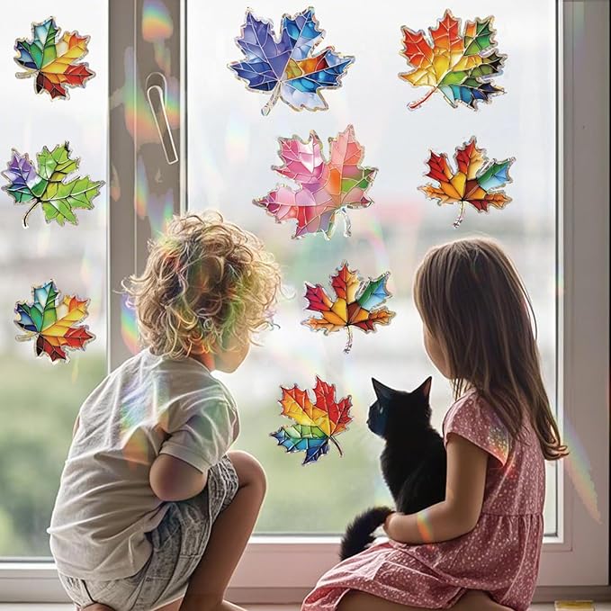 14pcs Window Decals for Bird Strikes, Anti Collision Window Clings, Rainbow Reflection Window Sticker, Maple Leaf Style Sun Catcher Stickers for Glass Windows