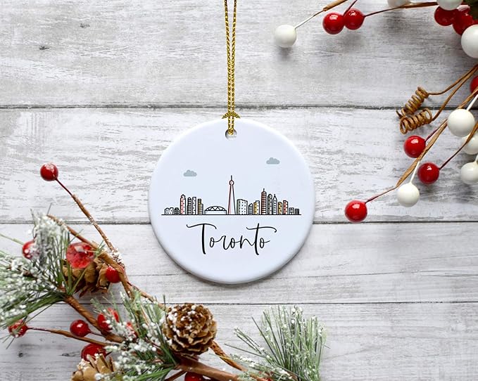 Andaz Press Round Ceramic Porcelain Christmas Tree Ornament Keepsake Gift, Toronto, Colorful International City Skyline Graphic, 1-Pack, Birthday Ideas Family Coworker Him Her, Gift Box