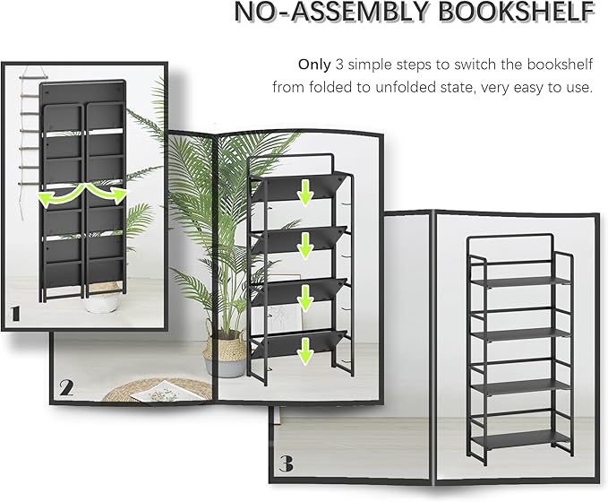 4NM No Assembly Foldable Bookshelf, 4-Shelf Collapsible Bookcase Storage for Small Spaces, 54" H, All Black