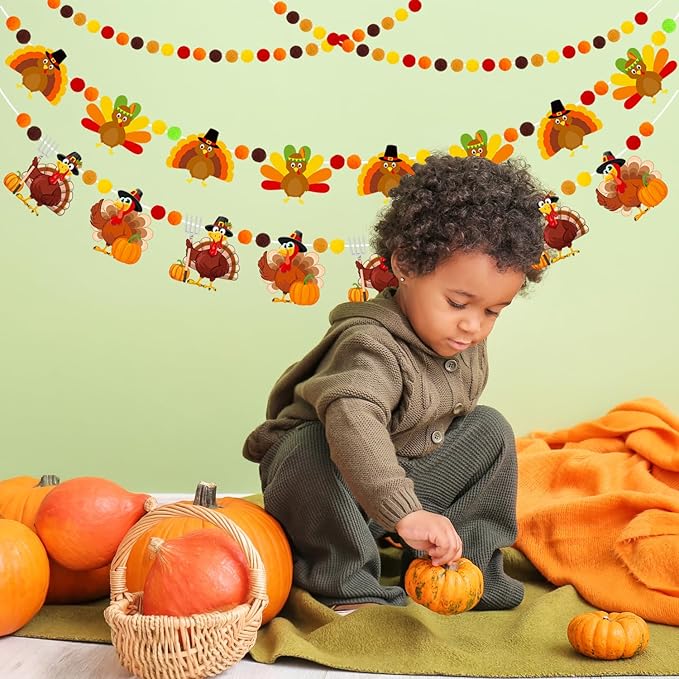 Doumeny 3Pcs Fall Thanksgiving Felt Banner Thankful Felt Turkey Bunting Garland Happy Thanksgiving Hanging Garland Give Thanks Party Banner Pompom Ball Bunting with Turkey for Home Fireplace Decor