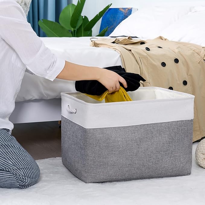 TheWarmHome Storage Bins Baskets for Organizing, 20.5L×15.7W×13.8H 3 Pack Sturdy Fabric Storage Basket W/Handles, Decorative Foldable Storage Baskets for Shelves Closet Nursery Toy (White & Grey)