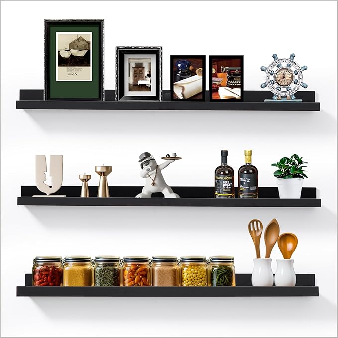 Long Floating Folding Shelves 48 Inch Wood Picture Ledge Shelf with Lip for Wall Black Storage Shelves for Kids Room Photo Shelves Wall Organizer Set of 3 for Bedroom Living Room Bathroom Kitchen