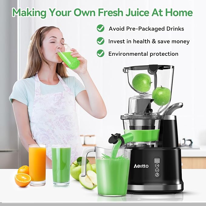 Aeitto Cold Press Juicer with Large Feed Chute, Large Capacity, Juicer Machines for Fruits and Vegetables, Slow Masticating Juicer Self Feeding, Easy to Clean, High Juice Yield