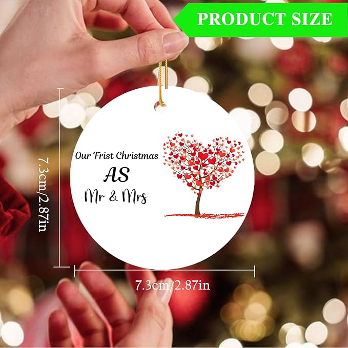 2024 First Christmas Married Ornament, Just Married Mr and Mrs Ceramic Ornament, 2.9 Round Newlywed Wedding Decoration for Couples
