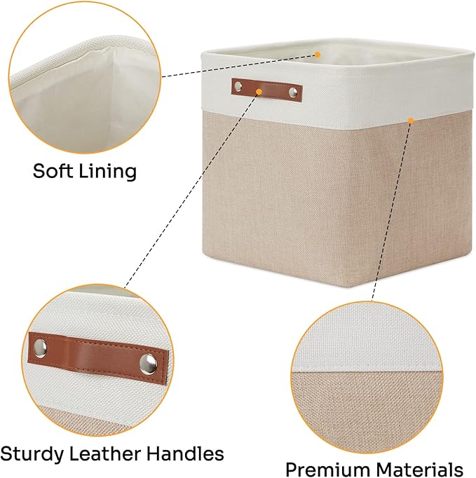 DULLEMELO Fabric Storage Cubes,13 inch Cube Stroage Bins for Empty Gift Basket,Toy Nursery Storage Linen Closet Organizers and Storage Baskets Shelves Bins(White&Khaki)