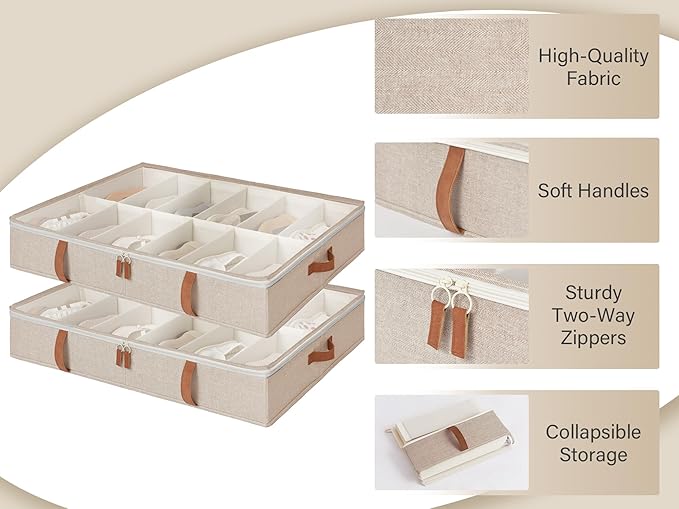 StorageWorks Under Bed Shoe Storage Organizer, Underbed Shoes Container with Adjustable Dividers, Shoe Storage Basket with Cover, Brown, 2-Pack, Space-Saving Shoe Box Fits up to 24 Pairs