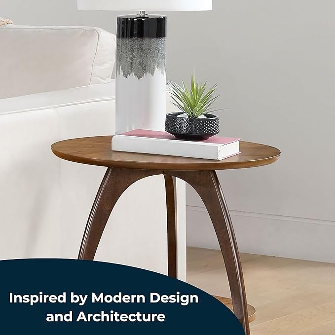 Martin Svensson Home LAX Two-Tone 20-Inch Caramel Brown Round Wood End Side Table with Walnut Legs and Shelf Storage