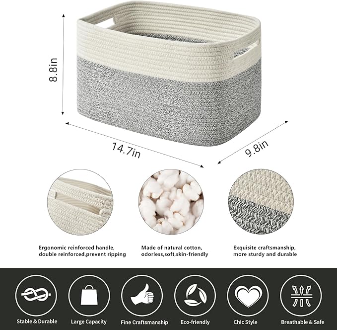 Woven Storage Baskets - Cotton Rope Organizers for Books, Towels, Toys or Bins - 3 Pack, Grey