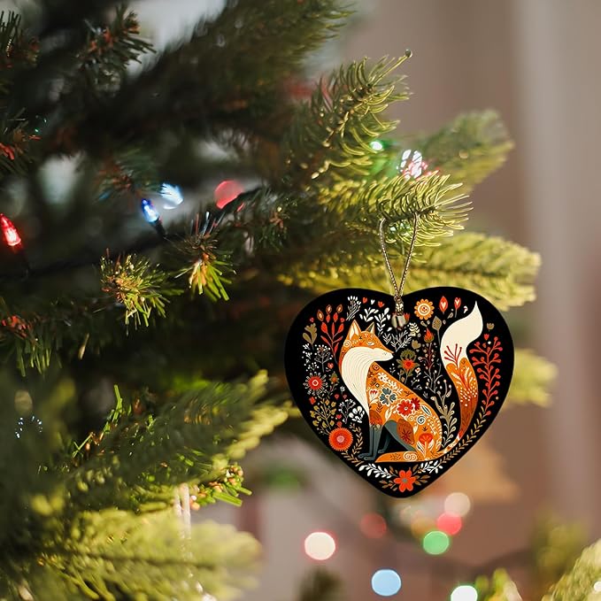 Fox Christmas Ornament - Cottagecore Botanical Heart Ceramic Decoration for Tree - Gift for Women