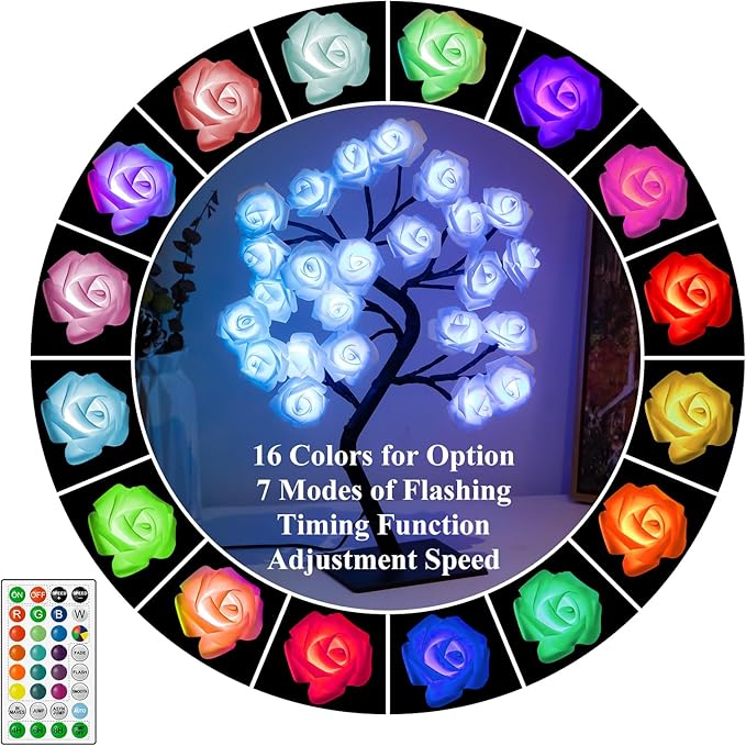 2 Pieces 18 Colors Rose Tree Lamp - Multicolor LED Rose Flower Night Light Pink Flower Lamp Rose Lamp Tabletop Bonsai Tree for Wedding Valentine's Day Decorations Wedding Girls Party Bedroom