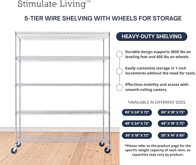 60"x24"x72" PRIME HEAVY DUTY Chrome 5-Tier Wire Shelving NSF 3000 LBS MAX Capacity Storage Rack for Commercial, School, Home, Garage, Warehouse, Industrial, and Hospital Uses (with Wheels)