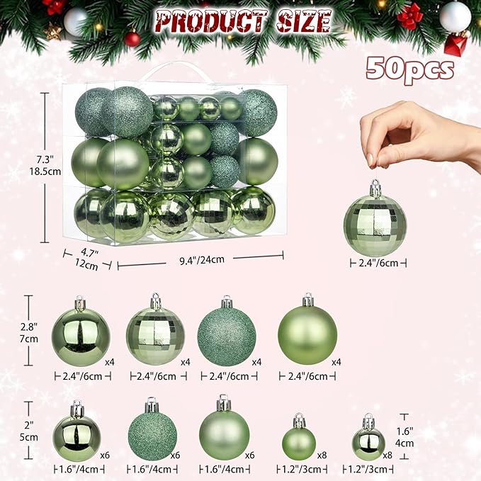 50pcs Christmas Ball Ornaments Green Small Shatterproof Christmas Tree Decorations Xmas Tree Ornaments Balls with Hanging Loop for Wedding Holiday Party Wreath Home Decor