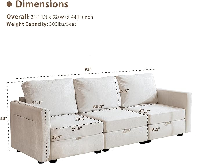 mestyl Modular Sectional Sofa Convertible Sofa Couch Set with Storage for Living Room, Modern 3 Seater Modular Sectional Couch (Beige)