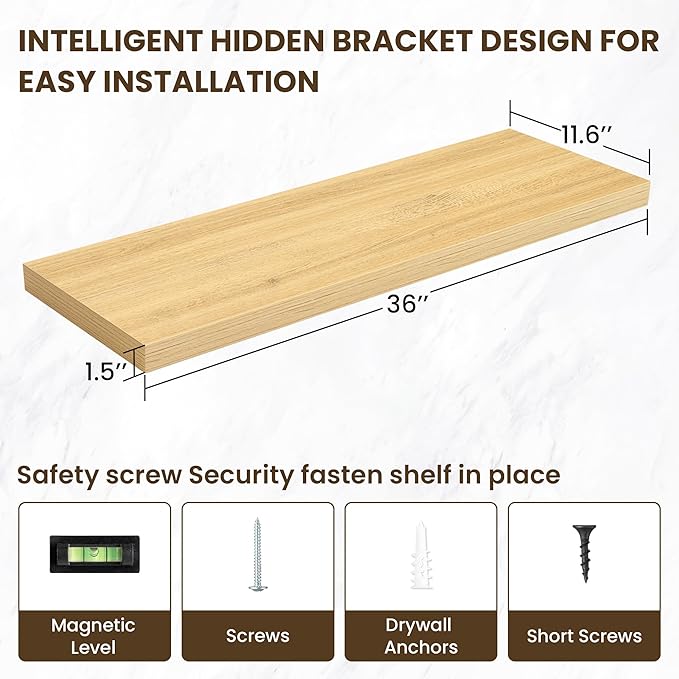 36 Inch Floating Shelves, 11.6 Inch Deep Floating Shelves for Wall, Floating Shelf with Invisible Brackets, Deep Shelves for Bathroom, Bedroom, Living Room, 2 Pack, Natural
