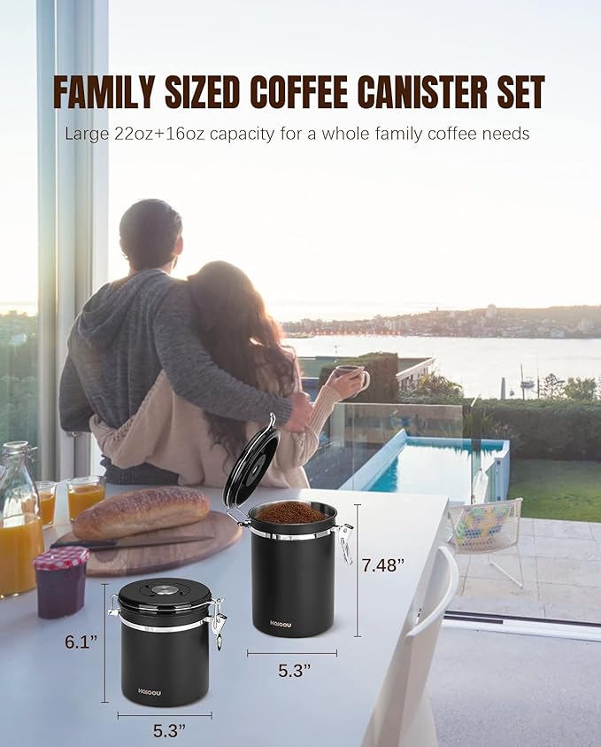 HAIOOU Airtight Coffee Canister, 22OZ +16OZ 2 Piece Stainless Steel Coffee Bean Storage Container with Date Tracker, Measuring Scoop, CO2 Releasing Valves, Mini Tongs for Coffee Bean, Grounds - Black