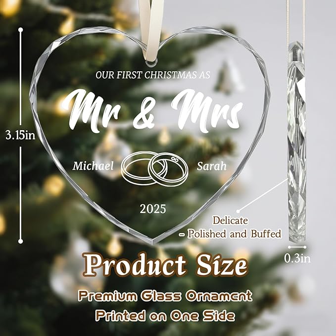 First Christmas Married Ornament 2025, Custom Wedding Crystal Glass Ornament with Photo, Name or Date, Personalized Wedding or Bridal Shower Gifts for Newlyweds