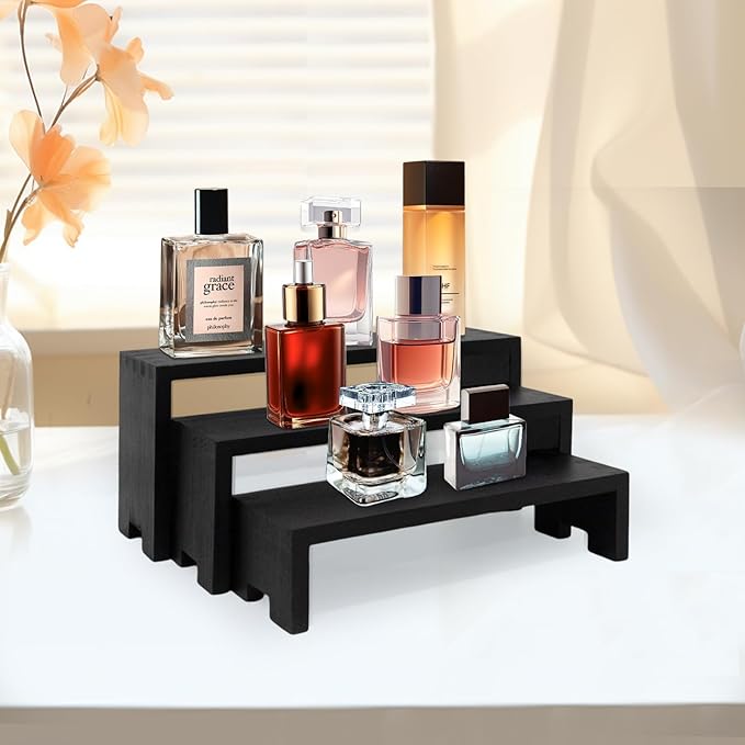 Display Wood Risers Wooden Stand 3 Tier Black Wood Racks Decorative Rectangular, 2 Set 6 Piece Cupcake Stands Cologne Perfume Organizer Dessert Showcase(Black)