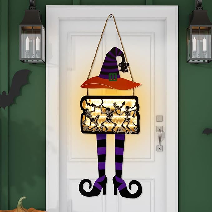 FINGOOO Halloween Door Hanging Sign, Large Witch Skeleton Halloween Door Hanger with Light for Front Door Decor