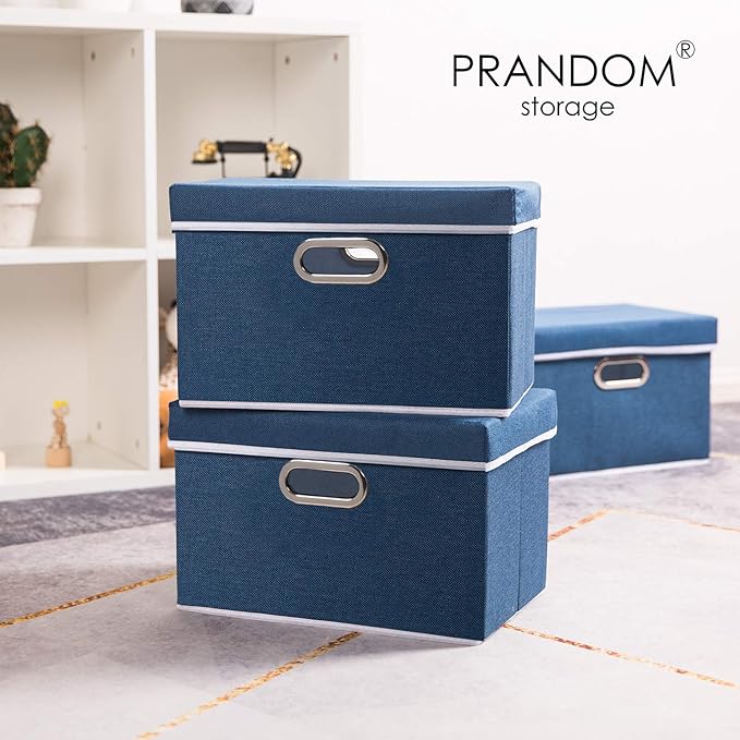 PRANDOM Collapsible Storage Bin with Lid [3-Pack] Fabric Foldable Storage Box Organizer Container Basket Cube with Cover for Home Bedroom Closet Office Nursery Royal Blue(14.9x9.8x9.8)