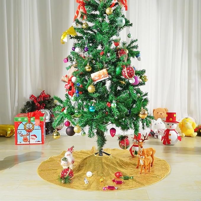 Eternal Beauty Christmas Tree Skirt, 50 Inch Gold Sequin Tree Skirt Small Xmas Tree Skirt for Christmas Tree Decorations