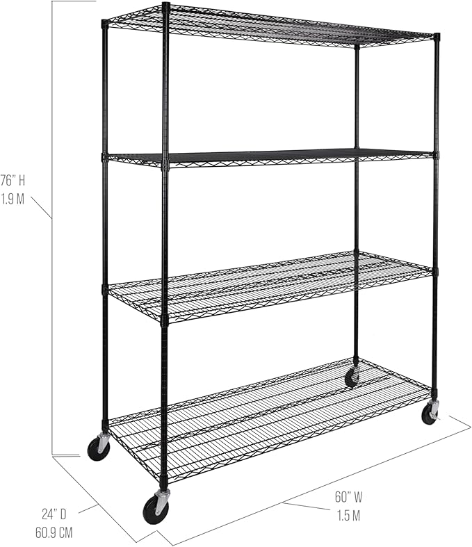 Seville Classics UltraDurable Heavy Duty NSF Solid Steel Wire Rack Storage Unit, Organizer for Garage, Warehouse, Office, Restaurant, Classroom, Kitchen, Black, 4-Tier Shelving, 60" W x 24" D