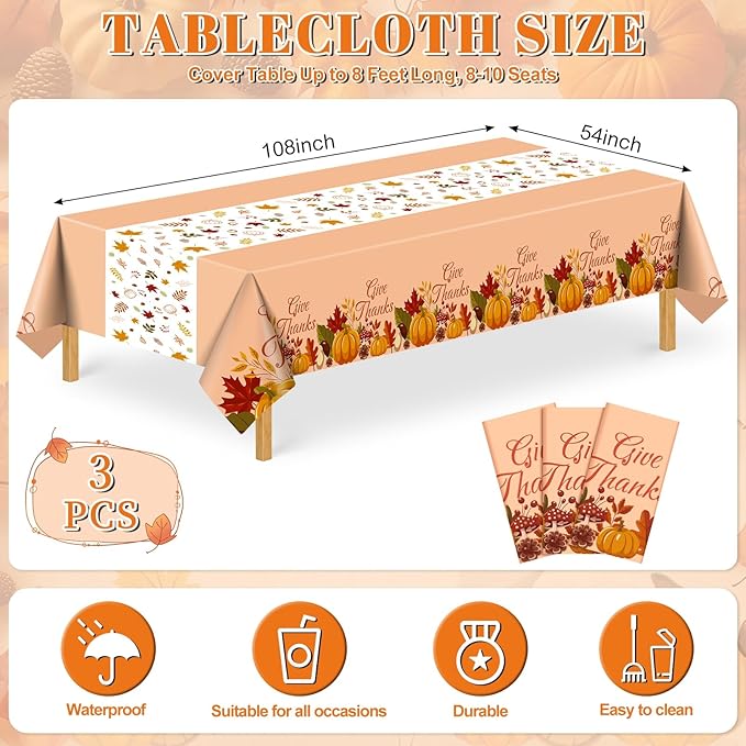 3 Pack Fall Harvest Plastic Tablecloths, 54 x 108 inch Autumn Pumpkin Maple Leaf Table Cloth for Rectangle Tables Disposable Tables Cover Fall Harvest Party Decor for Home Dinner Picnic Thanksgiving