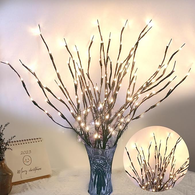 DK177 2 Pack Led Branch Light Battery Operated Lighted Branch Vase Filler Willow Tree Artificial Little Twig Power Brown 30 Inch 20 LED for Home Outdoor Indoor Romantic Decoration, White Light