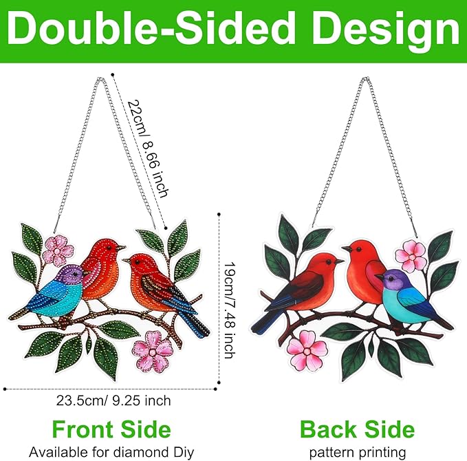 Diamond Art Suncatchers Hanging Kits, Hummingbird Diamond Art Painting Ornaments for Adults, Spring Birds Acrylic Board Gem DIY Painting Kit Window Wall Home Crafts Pendant Christmas Gift