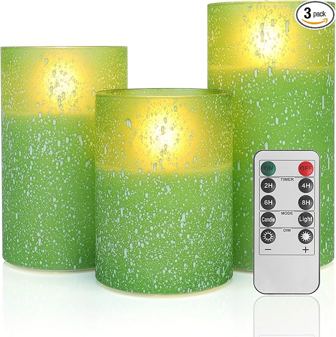Green Flameless Candles with Remote, Glass LED Pillar Battery Operated Candles with Timer, Flickering Decorative Lights for Home Weddings Holidays Gift Set of 3