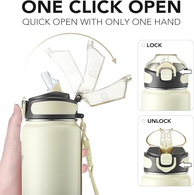 Enerbone 32 oz Insulated Water Bottle, Stainless Steel Bottle with Carrying Strap, Double-Wall Vacuum Insulation Design, Leakproof Sports Bottle with Straw, Keep Drinks Cold or Hot for Hours