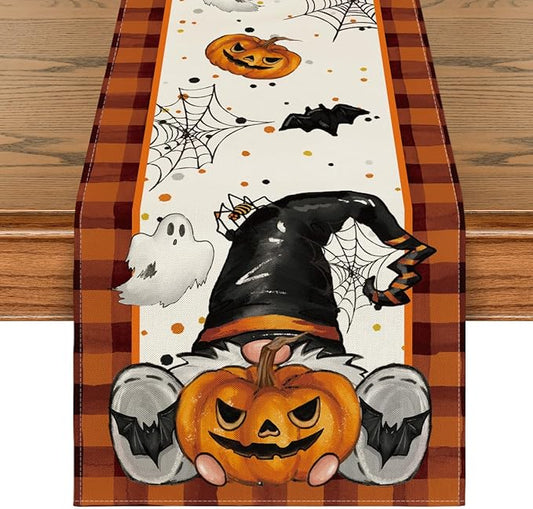 Artoid Mode Orange Black Buffalo Plaid Gnome Bat Pumpkin Ghost Halloween Table Runner, Sensonal Kitchen Dining Table Decor for Home Party 13 x 72 Inch