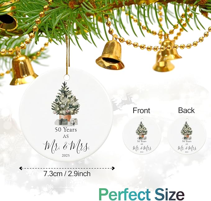 50th Anniversary Ornament Gifts for Parents,Couple, 50th Wedding Anniversary for 50 Year as Mr and Mrs Gifts, Ceramic Keepsake 50th Anniversary Christmas Ornaments with Ribbon and Box