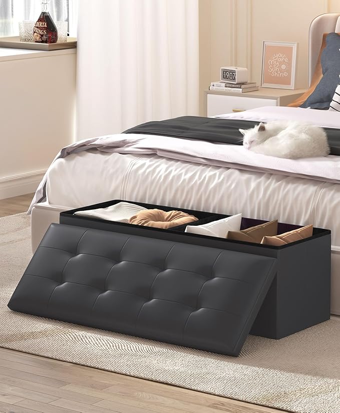 Storage Ottoman Bench, Folding Ottoman Foot Rest, 15 x 43 x 15 Inches, End of Bed Bench,Storage Chest, for Living Room, Bedroom, Hallway, Entryway, Holds up to 700 lb,Black
