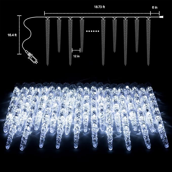 Icicle Lights Outdoor with Remote, 2 Pack Total 40ft 40 Tubes 200 LED Ice Shape String Lights, Connectable Hanging Christmas Decoration Lights for Tree Patio Roof Holiday Decor, Cool White