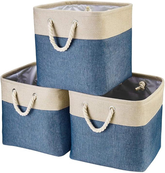 i BKGOO 3Pack Large Foldable Storage Bins，Collapsible Sturdy Cationic Fabric Organizing Storage Basket Cube with Cotton Handles for Home Office Shelf Clothes Toys Khaki-Blue 13×13×13 inch