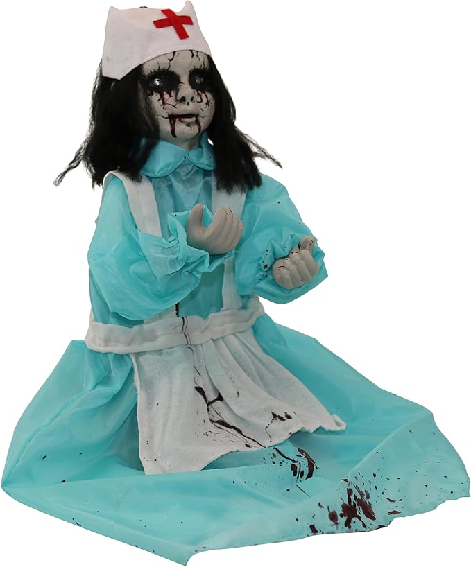 Haunted Hill Farm 1.8 ft. Groundbreaker Zombie Nurse Animatronic with Flashing Red Eyes and Poseable Arms, Creepy Halloween Decoration with Sound Effects, Battery Operated Prop