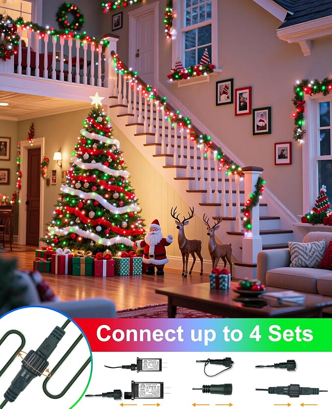 80FT 240 LED Christmas Lights Outdoor, Plug in Christmas Tree Lights Waterproof 8 Modes, Green Wire Connectable String Light for Indoor Garden Xmas Party Holiday Decorations, Red White Green