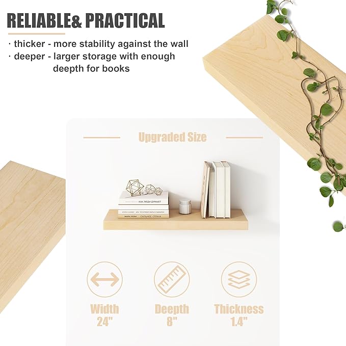Floating Shelves for Wall, USA-Sourced Maple Wood 24 Inch Wall Shelves Set of 2, Natural Wooden Mounted Picture Ledge Shelf, Nursery Book Storage Shelf Kids Bookshelf, Display Shelf for Bathroom