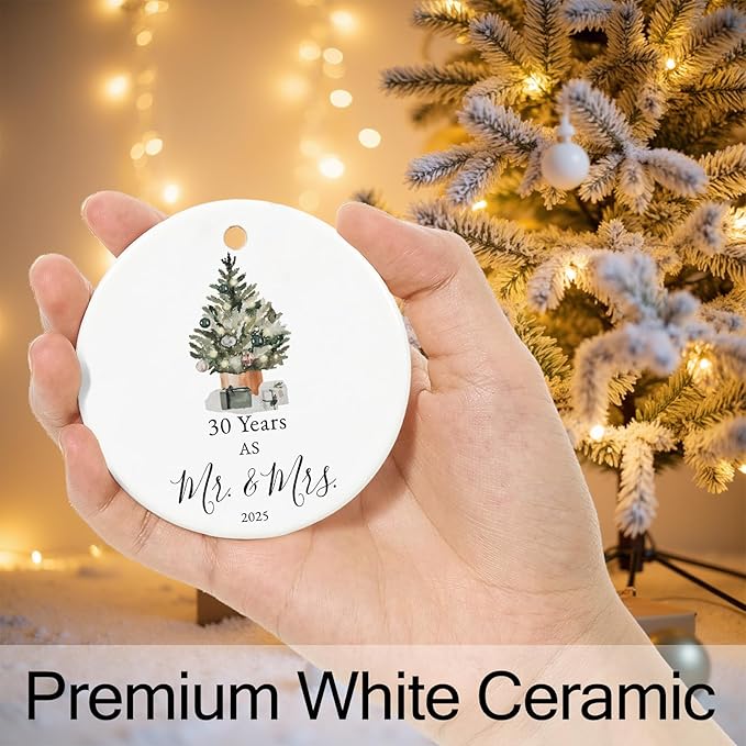 30th Anniversary Ornament Gifts for Couple,Parents, 30th Wedding Anniversary for 30 Year as Mr and Mrs Gifts, Ceramic Keepsake 30 Year Anniversary Christmas Ornaments with Ribbon and Box